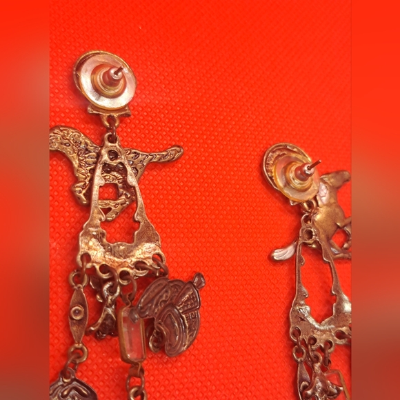 Vintage Wild West Cowboy Riding Buffalo Charms Fun Dangle Post Earrings - Picture 6 of 11